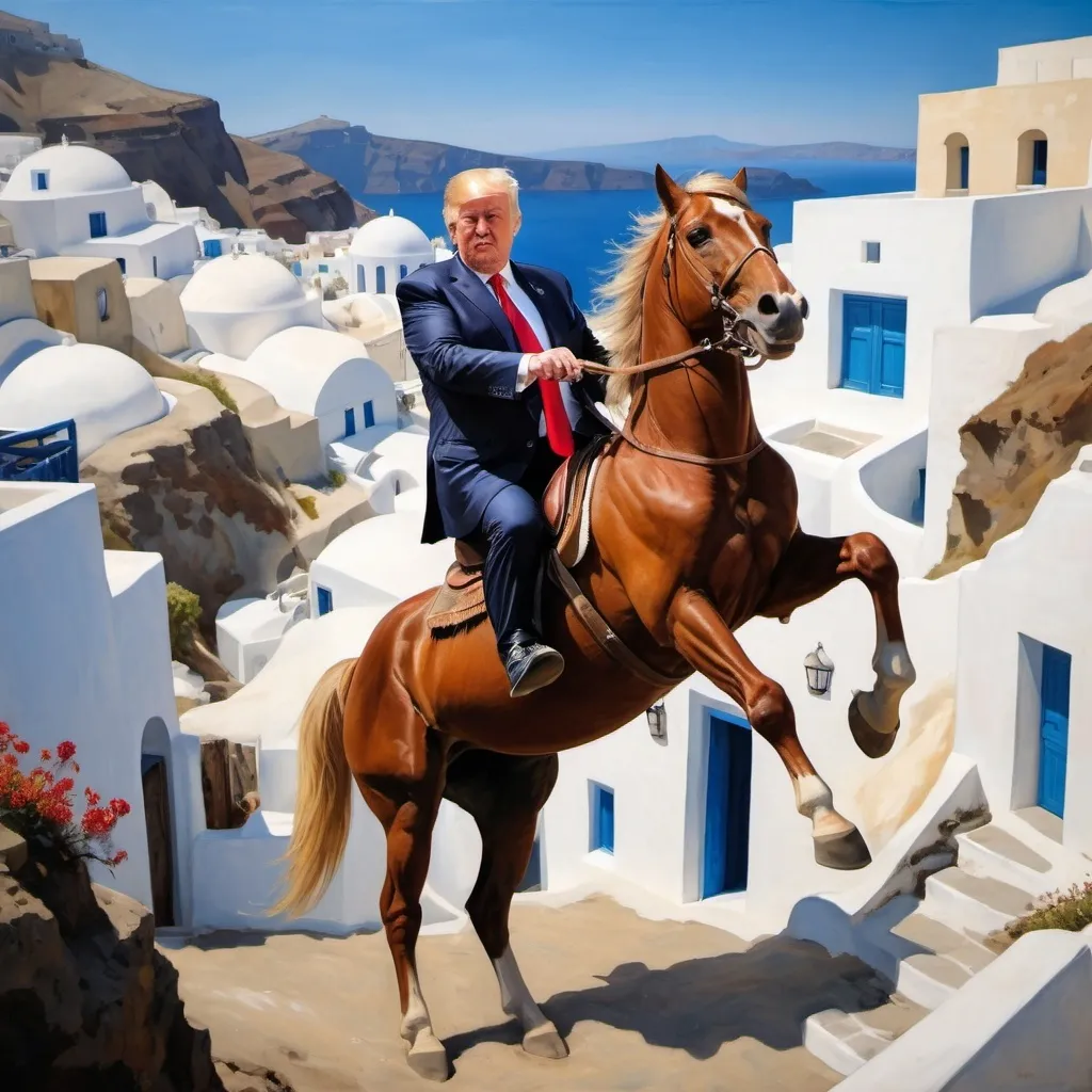 Prompt: A Greco Roman painting of Donald Trump riding a horse up the hillside in Santorini, Greece