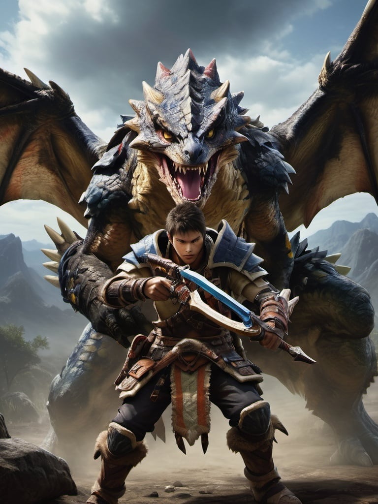 Prompt: Monster hunter preparing to shoot a bow, realistic oil painting, detailed character design, intense focus, high-definition, realistic, detailed, action-packed, oil painting, dark and moody, atmospheric lighting, detailed weapon, monster hunter, intense gaze, best quality, highres, dramatic lighting, gritty realism, detailed armor