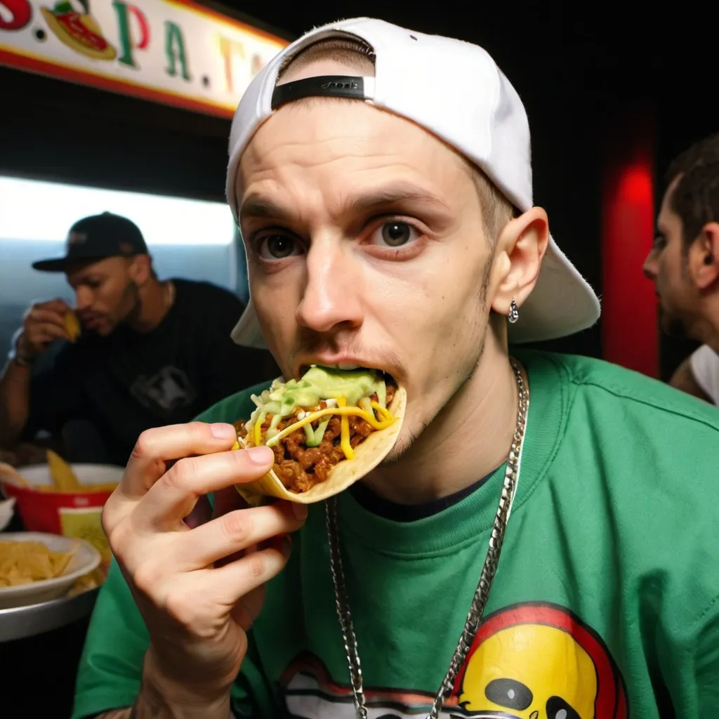 Prompt: Slim Shady eating a taco