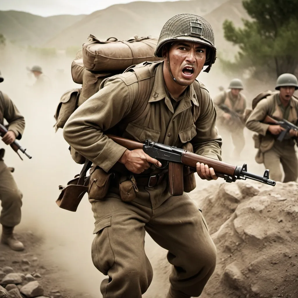 Prompt: American Latino combat soldier in World War 2, clean-shaven, fighting together with Mexican-American soldiers against Nazi soldiers.