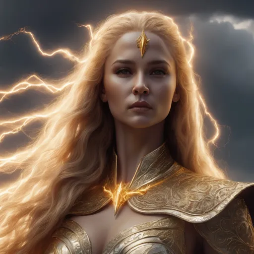 Prompt: Virgonian thunder goddess, intricate detail, 8k resolution, photorealistic style, flowing golden hair, powerful and ethereal, thunderbolt in hand, regal posture, stormy skies, divine aura, radiant lightning, majestic, impressive quality, detailed features, mythical beauty, godlike presence, epic lighting, highres, intricate design, realistic depiction