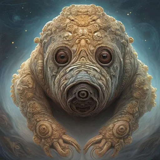 Prompt: create an image of a stunning realistic beautiful tardigrade example of digital art that combines realism and fantasy. The artist has created a portrait of a face that is covered with intricate golden and white patterns, resembling a mask or makeup. The patterns are inspired by natural and celestial elements, such as flowers, stars, and swirls. The face has expressive eyes that contrast with the elaborate designs on the skin. The background is blurred and has some elements that look like petals or abstract shapes, creating a dreamy and ethereal atmosphere. The image is highly detailed and showcases the artist’s skill and creativity.