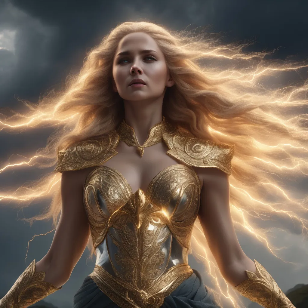 Prompt: Virgonian thunder goddess, intricate detail, 8k resolution, photorealistic style, flowing golden hair, powerful and ethereal, thunderbolt in hand, regal posture, stormy skies, divine aura, radiant lightning, majestic, impressive quality, detailed features, mythical beauty, godlike presence, epic lighting, highres, intricate design, realistic depiction