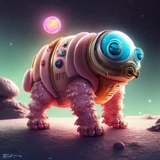 Prompt: on the moon walking a cute adorable grapefruit color Tardigrades on the moon walking with sparly flowers in grapefruit complimentary colors" glazed, glittered sparklecore, intricately detailed complex breathtaking fantasycore. Crushing the moon, complex 3d render ultra detailed of a beautiful bird, light, rim light, vibrant details, cyberpunk, hyperrealistic, H. R. Giger, J. G. Quintel and Tim Burton style, 8k