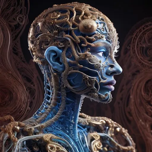Prompt: 
Create a photorealistic 3d image of A humanoid figure with a highly detailed and ornate design, featuring intricate patterns and swirls that cover the entire surface of its form. The design suggests a blend of organic and mechanical aesthetics, with a color palette that emphasizes deep blues and vibrant reds, accented by glowing gold lines that hint at a form of circuitry or energy flowing through the figure. The background is dark to highlight the figure's details and vibrant colors.