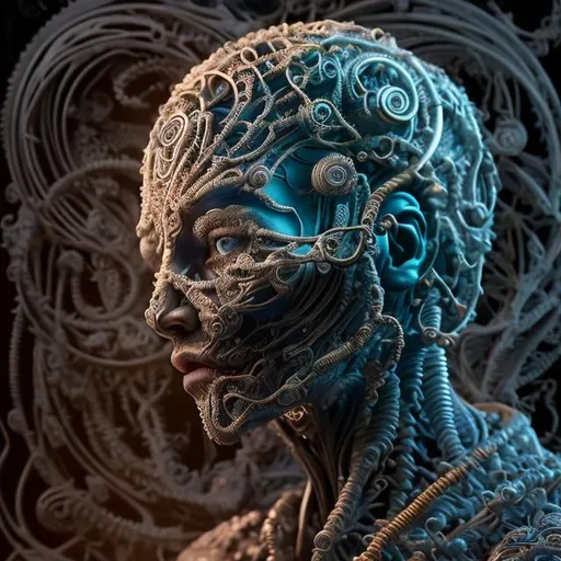 Prompt: 
Create a photorealistic 3d image of A humanoid figure with a highly detailed and ornate design, featuring intricate patterns and swirls that cover the entire surface of its form. The design suggests a blend of organic and mechanical aesthetics, with a color palette that emphasizes deep blues and vibrant reds, accented by glowing gold lines that hint at a form of circuitry or energy flowing through the figure. The background is dark to highlight the figure's details and vibrant colors.