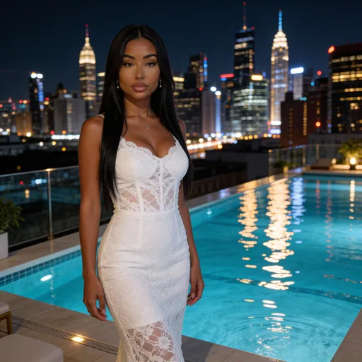 Prompt: @htYp7YbdG9KN290T2jLS Against the backdrop of a glittering city skyline at night, exudes elegance in a fitted, white lace dress that accentuates her figure. Her long, straight hair cascades over her shoulders, framing her striking features highlighted by softly glowing makeup. She stands near the edge of a luxurious rooftop pool, the water shimmering with reflected city lights, creating a serene contrast to the lively ambience around her. The scene conveys a sense of sophistication and allure, enhanced by the warm hues of the evening and the stylish setting that suggests a lavish lifestyle.