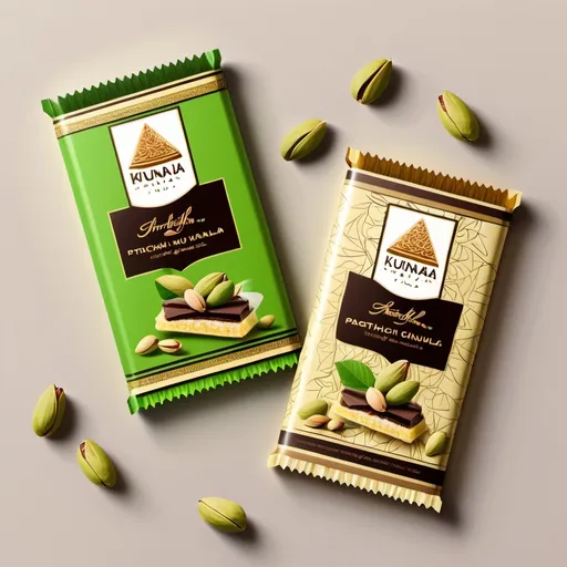 Prompt: Pistachio kunafa chocolate bar wrapper designs