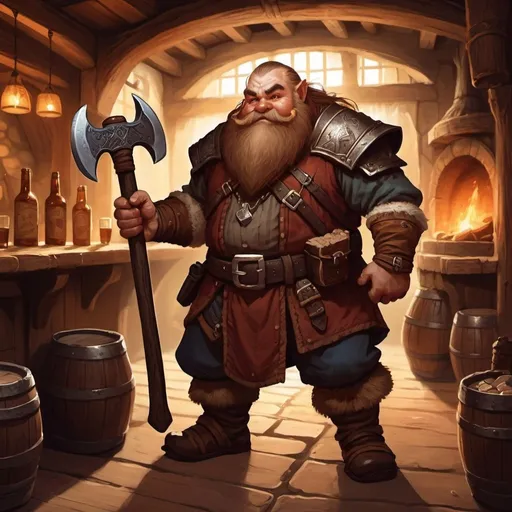 Prompt: dwarf character holding an axe in a tavern , fantasy character art, illustration, dnd, warm tone