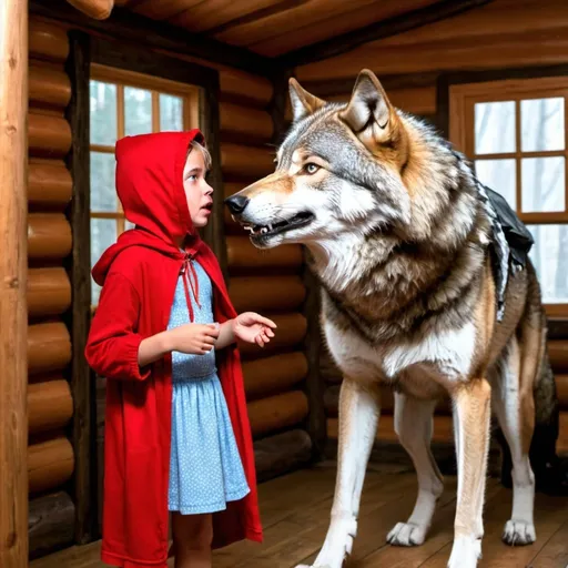 Prompt: a young girl with red hood talking to a wolf dressed up as a grandma in a cabin