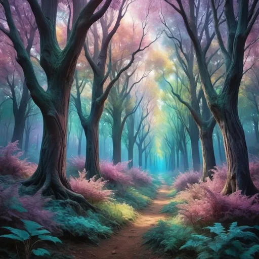 Prompt: Beautiful trees in a magical, iridescent forest in hyper realism style
