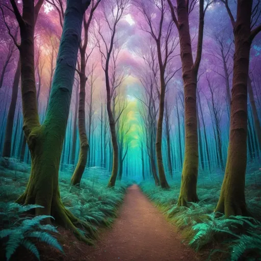 Prompt: Beautiful trees in a magical, iridescent forest