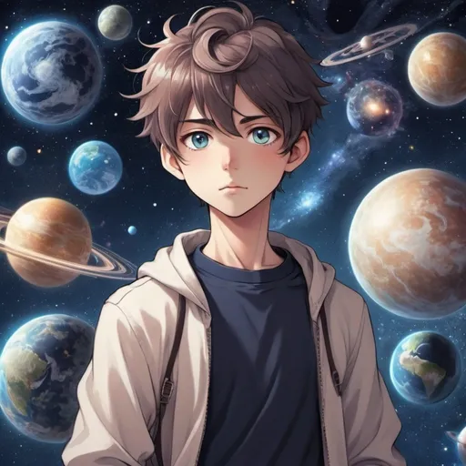 Prompt: A fair skin anime boy with a high passion for Astrophysics & time travel & having  moderate OCD(Obsessive-compulsive disorder) thinking about Space,time,multiverse,Parrallel universe & time travel.