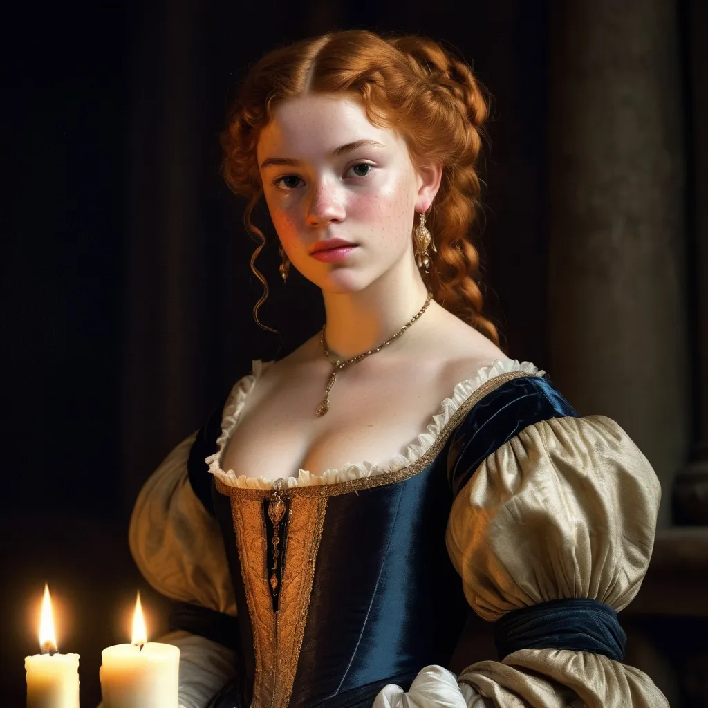 Prompt: Beautiful 16th century woman, 15 years old, courtisan, beautiful noble Renaissance dress, ginger hair, freckles, wavy hair, all figure with dress seen, detailed dress, candle light, Caravaggio style, Rubens style