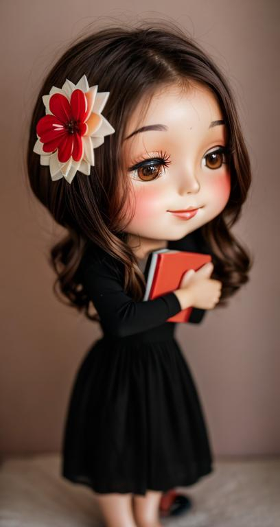 Prompt: a chibi woman, brown hair, red flower in her hair, black dress, holding a book