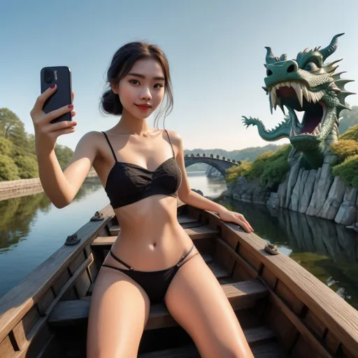 Prompt: young woman in a wood boat, doing a selfie, beauty face detail, stone bridge and dragon bakground, Eyvind Earle, Disney style