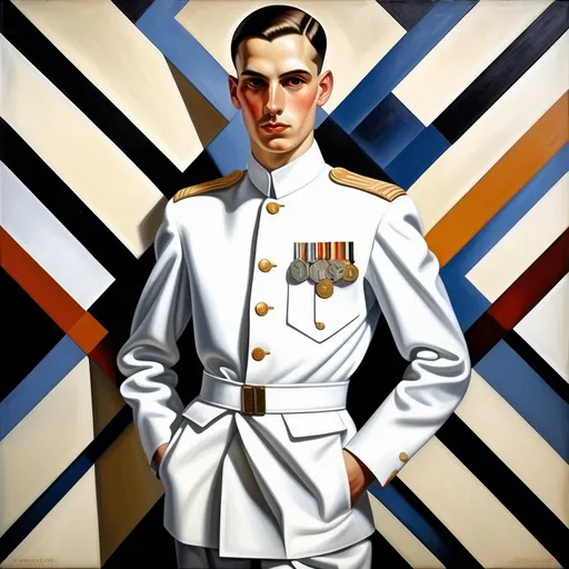 Prompt: full-length portrait, oil painting, a pround young man in smart white dress military uniform, Tamara Lempicka style, Cubic style, art-deco 1930 geometric pattern background