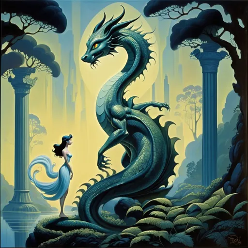 Prompt: full-length portrait, oil painting, young venus, dragon, Eyvind Earle, Disney style