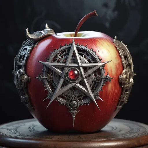 Prompt: ultra realist, mechanical devil apple, pentagram and esoteric background, 