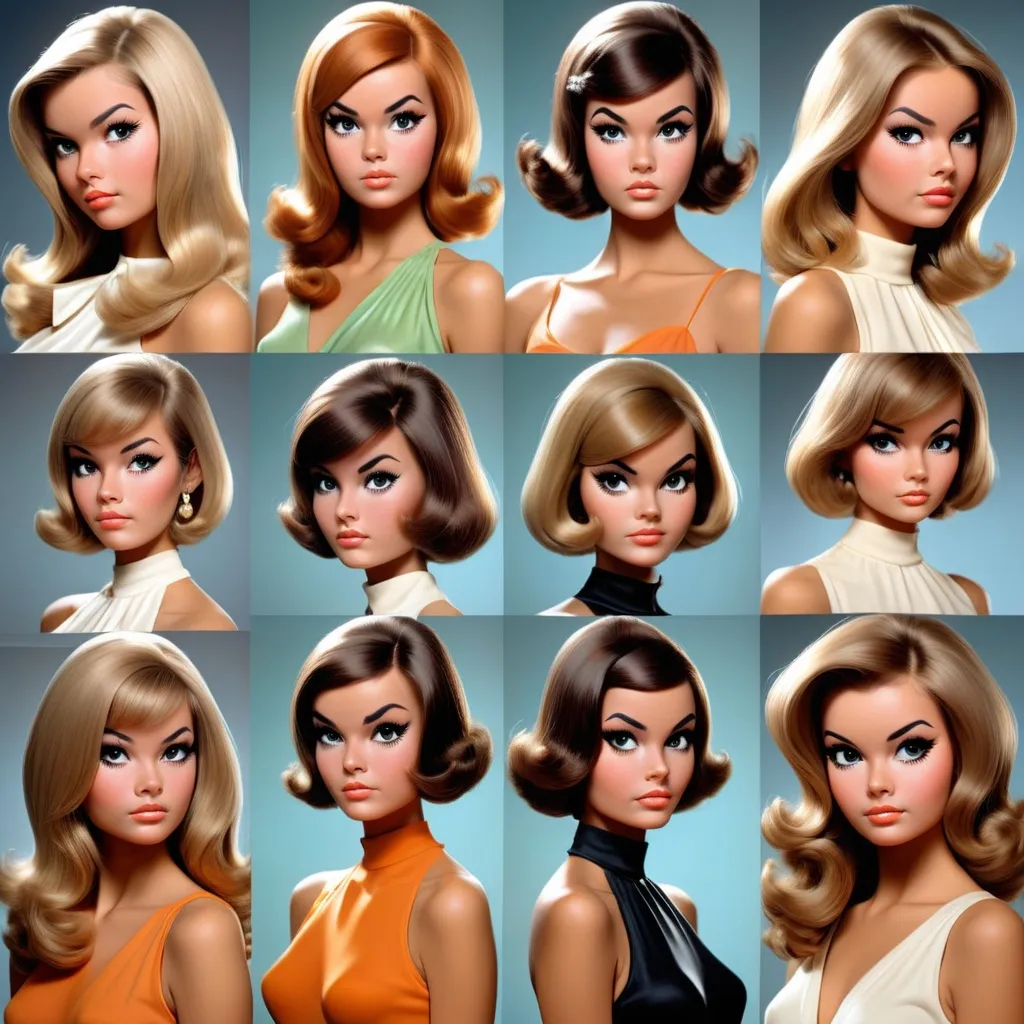 Prompt: "James Bond girl" en 1970, galerie de portraits, vue multiple du même personnage sous différents angles de vue
