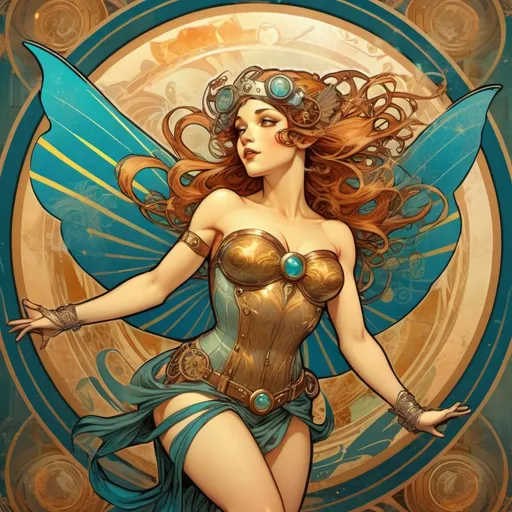 Prompt: Venus, electric fairy,  flying like DC comics superhero, dynamic flying, ornated chest, steampunk background, comics style