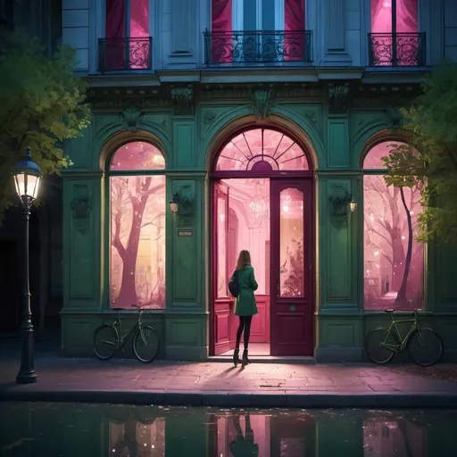 Prompt: Paris late-night palace, smart girl near a door, parisian architecture, light and shadow play, cityscape, trees, reflections, stars, building outlines, vibrant nightlife, paintings, characters in urban styles, rich color palette, pastels, burgundy, green, warm atmosphere, Quadruple Exposure Artists, color concepts, art movements, painting techniques, urban night photography concepts, 3D and digital art tools, elements of nature, urban nightlife and cultural concepts, digital art terms.
