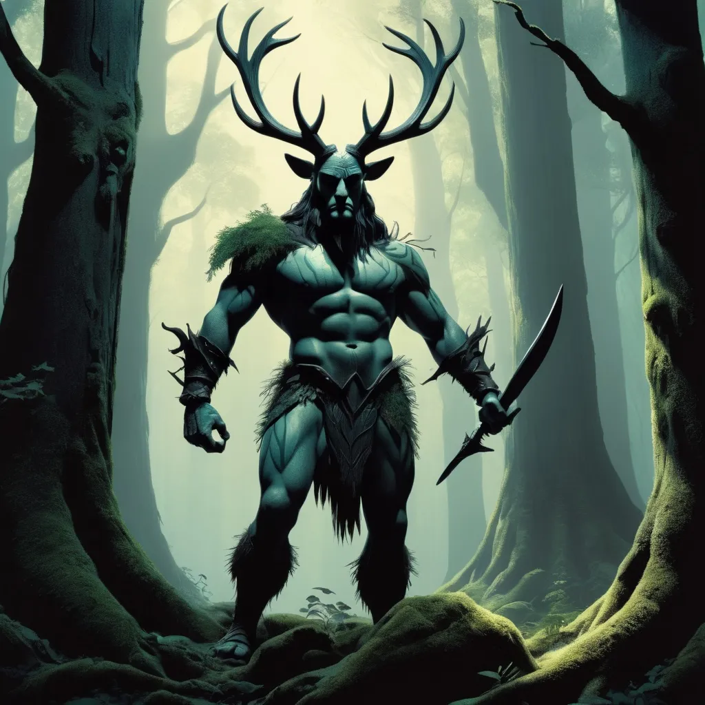 Prompt: ultra realistic, high detailed, natural light, gallic warrior, cernunos god, dark forest, Eyvind Earle, Disney style