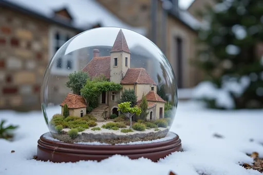 Prompt: all french village with romanesque church and some vine inside a snowglobe