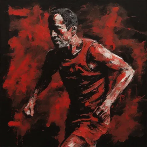 Prompt: painted runner in red, abstract man with very low detail, caligraphic rough brush strocks, black background