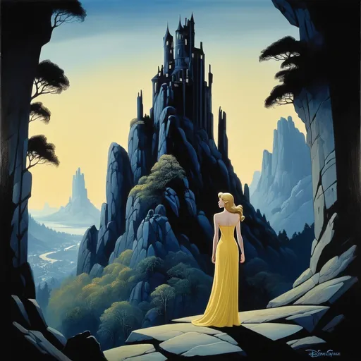 Prompt: full-length portrait, oil painting, young venus, high castle, black mountain background, Eyvind Earle, Disney style