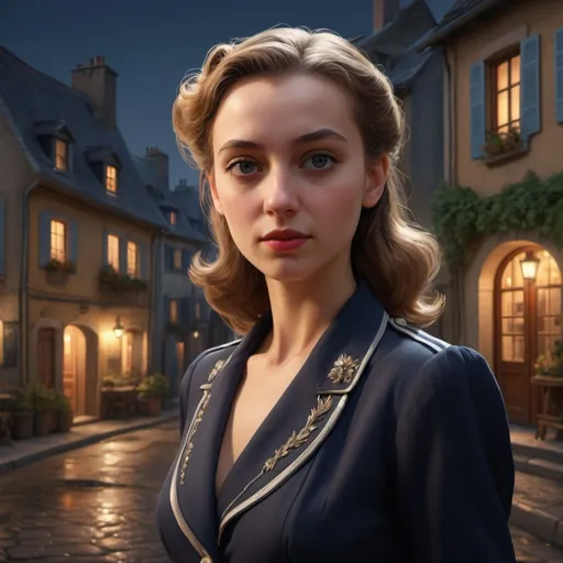 Prompt: ((best quality)), ((masterpiece)), ((realism style)), (detailed, ultra detailed, finest detail, intricate), (centered), french 1940 spy girl, french village exterior at night, volumetric lighting, global illumination, digital art, warm color, 8k, 64K, HD, UHD, trending on artstation, sharp focus, sharp focus, painting, (concept art of detailed character design). matte painting, insanely detailed, ((masterpiece)), depth of field, reflection