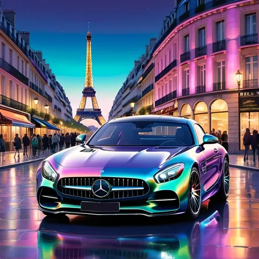 Prompt: Anime illustration of a sleek dark iridescent Mercedes car with two thin irish Venus kissing each other, french city of Paris vibrant and colorful.