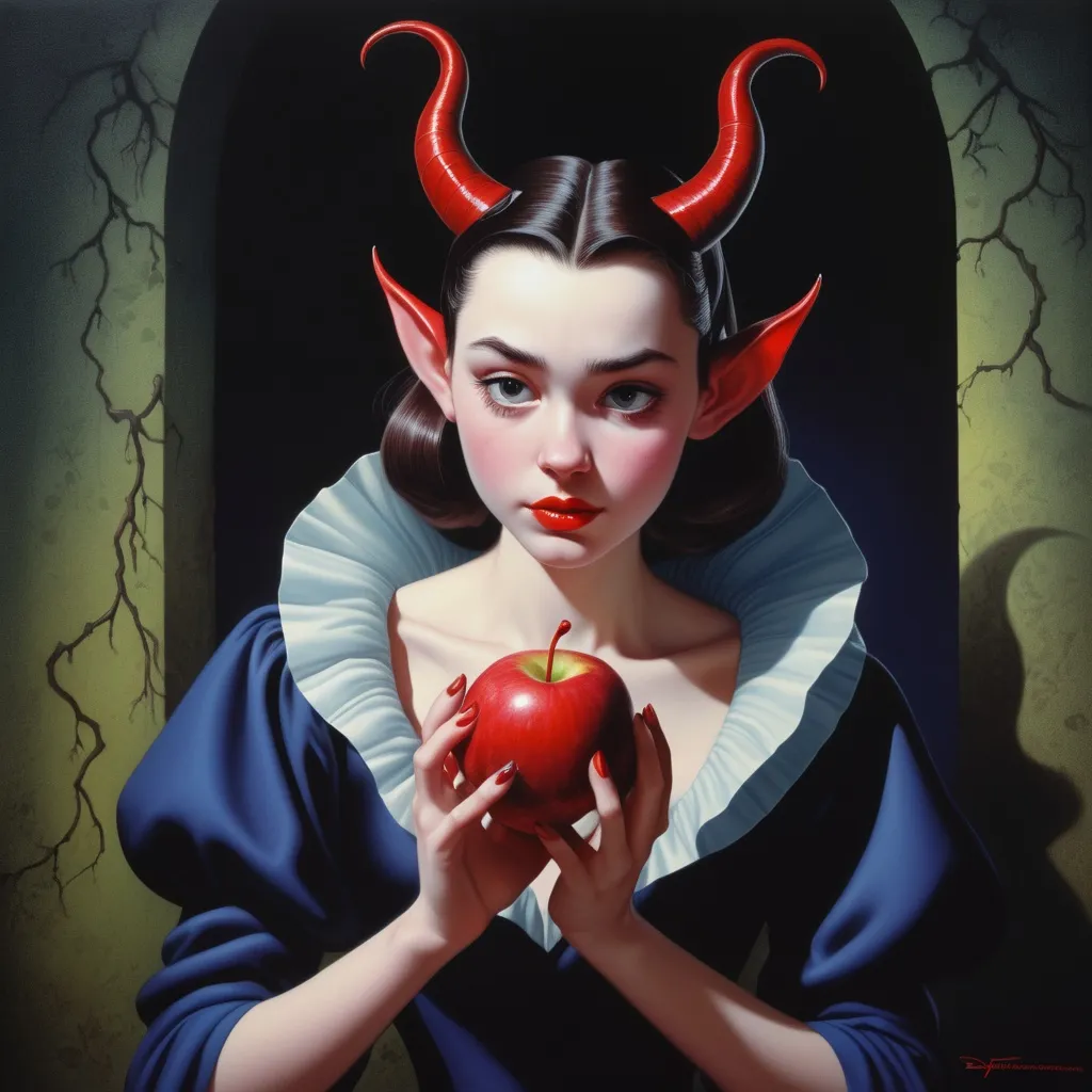 Prompt: ultra realist full portrait, a shy french devil courtisane, sixteen years old, eating the forbidden fruit, Eyvind Earle, Disney style