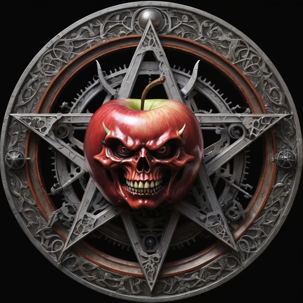 Prompt: ultra realist, mechanical devil apple, pentagram and esoteric background, 