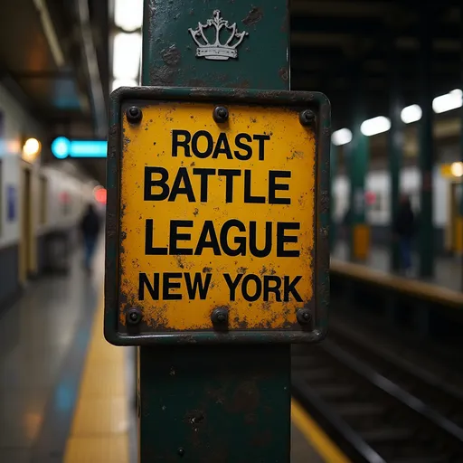 Prompt: photo realistic new york subway sign with the words "ROAST BATTLE LEAGUE NEW YORK"