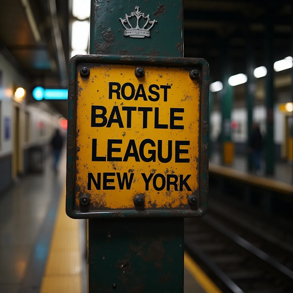 Prompt: photo realistic new york subway sign with the words "ROAST BATTLE LEAGUE NEW YORK"