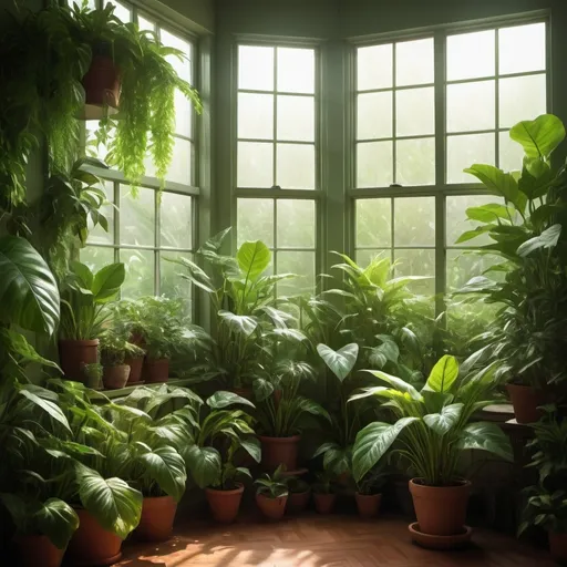 Prompt: (vibrant) window filled with (lush, green) house plants, rich textures of leaves cascading, sunlight streaming through illuminating the scene, cozy atmosphere, colorful (leaf patterns) capturing the eye, tranquil ambiance, background hinting at a serene room setting, promoting a sense of nature indoors, ultra-detailed, HD quality.