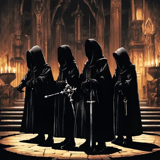 Prompt: Organization 13 standing in front of a dark castle. They are wearing their black hooded robes and some are holding keyblades. Ps2 vintage graphics.