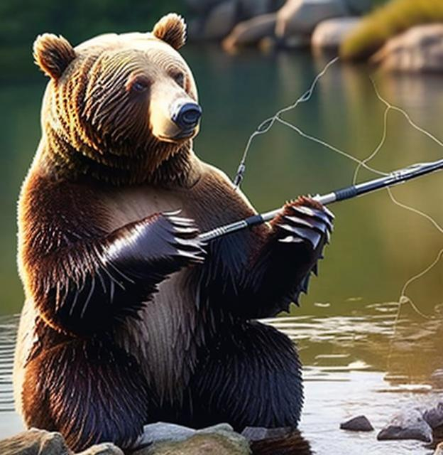 Prompt: A bear sitting on a rock fishing with a fishing rod . Realistic