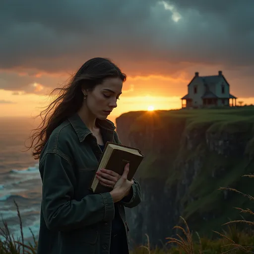 Prompt: "A woman stands at the edge of a windswept cliff during sunset. She clutches an old journal to her chest, tears streaming down her face. Behind her, the abandoned Blackthorn House stands silhouetted against the sky. A faint trail of light drifts from the house toward the horizon, symbolizing a soul being set free. Dramatic lighting, stormy clouds parting above, a sense of closure and quiet release." 