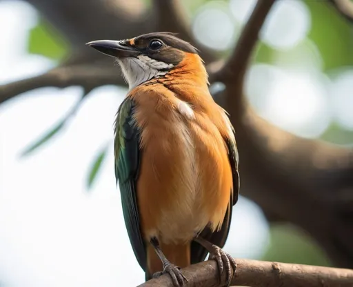 Prompt: a bird is perched on a tree branch in the sun light of the day, with a blurry background, Bikash Bhattacharjee, sumatraism, upper body, an illustration of
