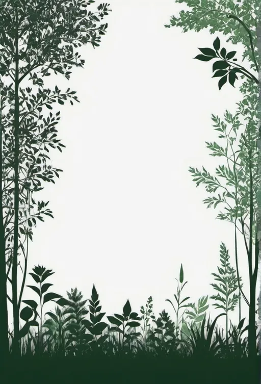 Prompt: a white, just the edge around the picture of around 50 px black or green silhouettes of trees and maybe some corn and grain

in the middle some text will later be added for a birthday invitation for someone with a passion for plants and trees