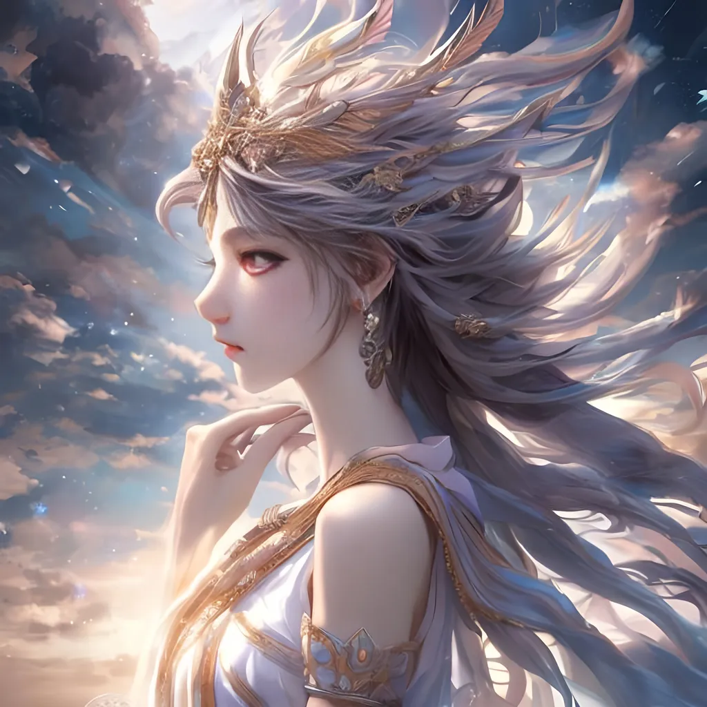 Prompt: (masterpiece) (highly detailed) (top quality) (cinematic shot) anime style, 4:1, front view, goddess of the sky, beautiful dress, slim eyes