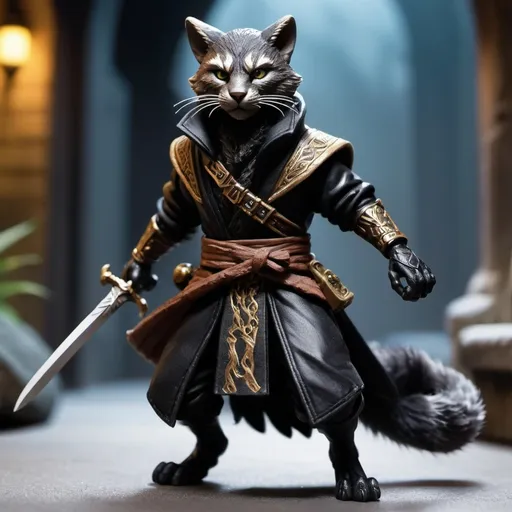 Prompt: An action figure of a fantasy character with magical robes and mystical accessories.(tabaxi male character), (sneaky rogue), intense expression, sleek black fur blending into shadows, gripping a gleaming dagger, stealthy pose, atmospheric dim lighting, mysterious urban environment behind, enhanced details showcasing fur texture and dagger shine, (high quality) (ultra-detailed).