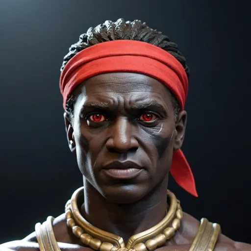 Prompt: Can you create a photo of Prometheus  in a meme coin format but can you make him have a bright red headband on tied at the back and make him have a black skin complexion