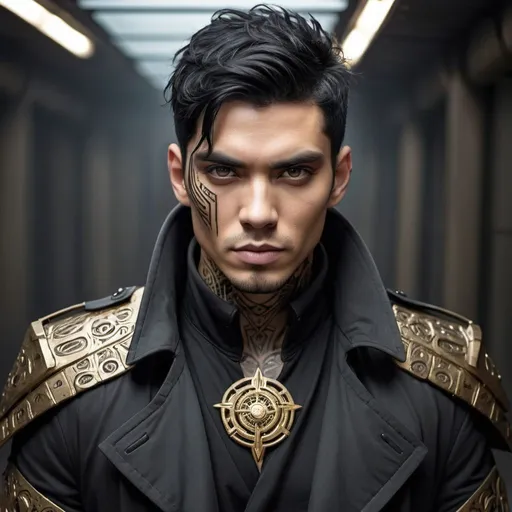 Prompt: Sci-fi male with black hair and gold eyes with tribal tattoo in armored trench coat 