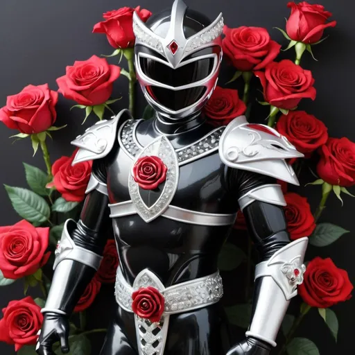 Prompt: Knight power ranger in black and silver with crystal roses 
