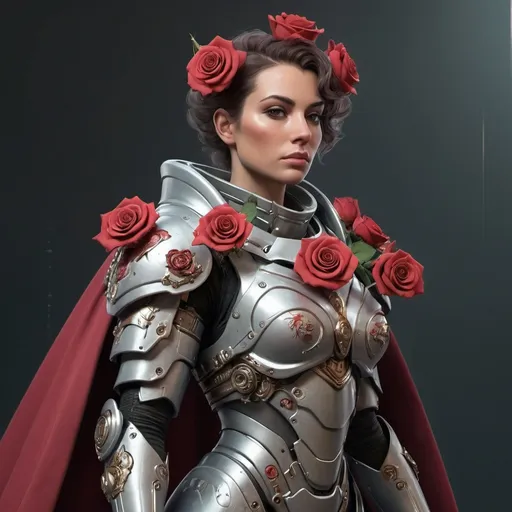 Prompt: Sci-fi female queen with power armor and a rose shoulder cape 