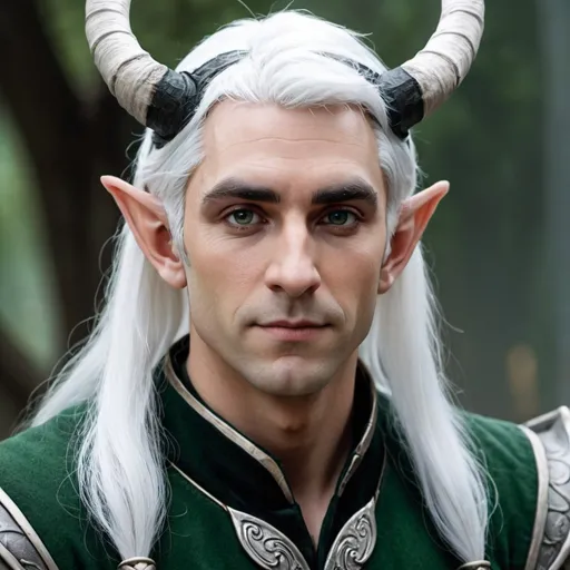 Prompt: Male elf with horns and white hair with a black highlights in hair 