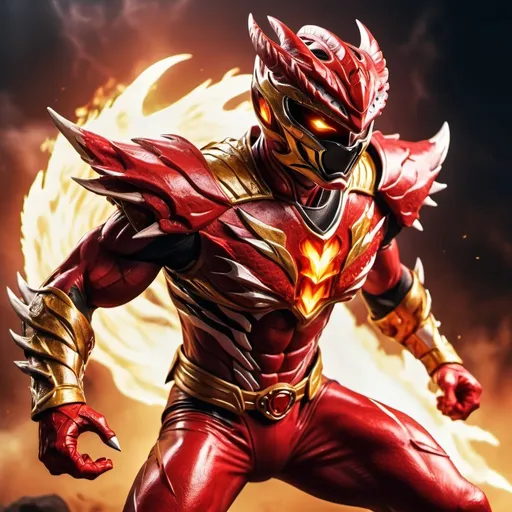 Prompt: Red dragon power ranger with shoulder cape